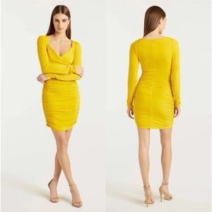 NEW Cinq A Sept Yellow Long Sleeve Ruched V Neck Miah Mini Dress